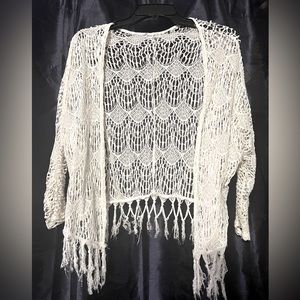 Lacey off white Fringe cardigan size Medium stringy bottom🤍